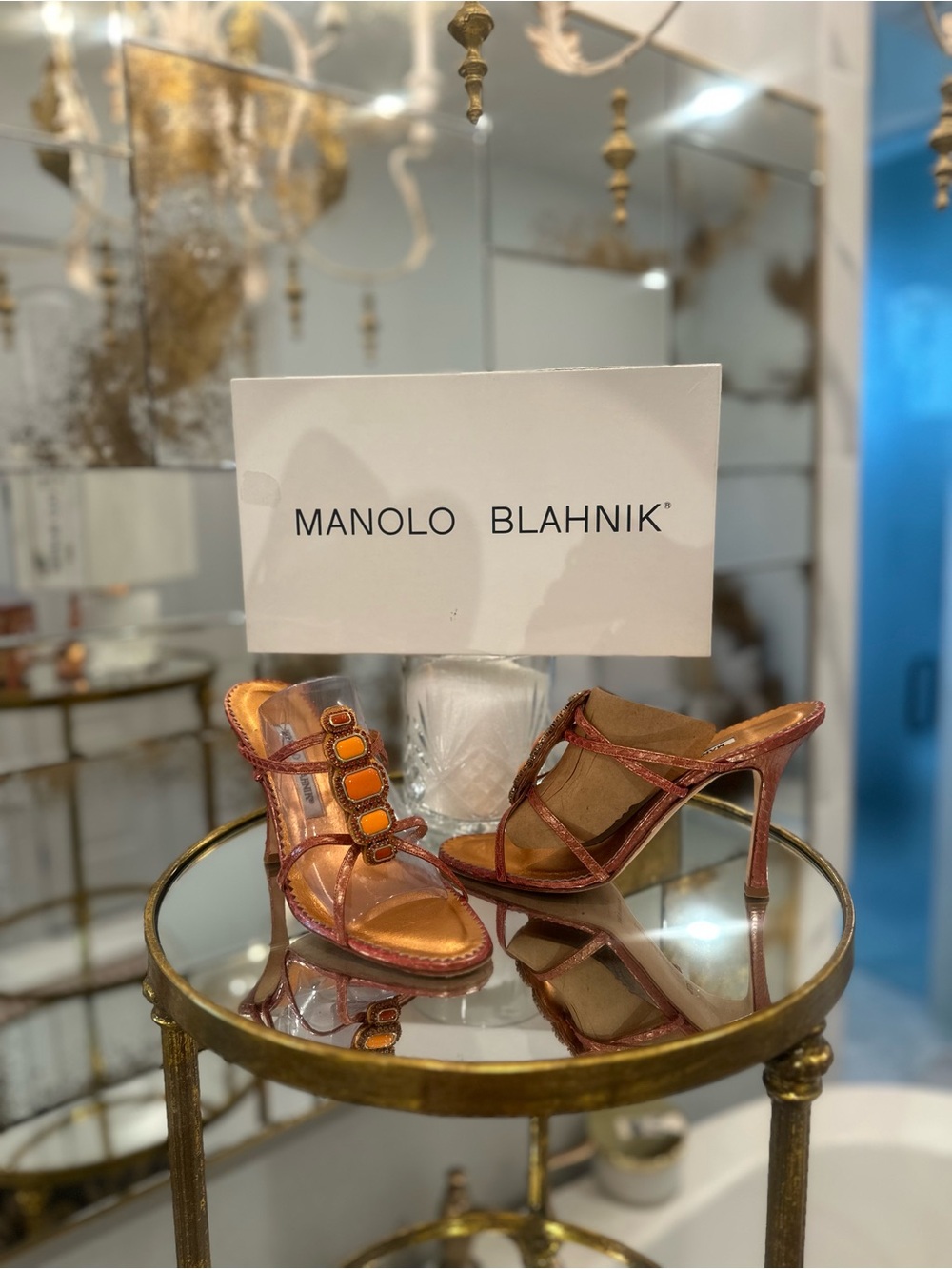 Manolo Blahnik Copper Metallic Strap Embellished Stiletto Mules